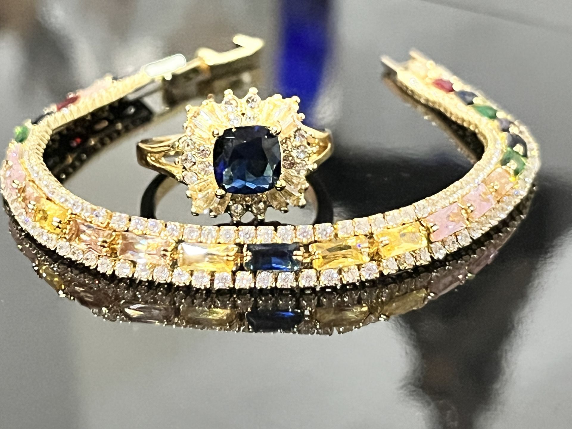 Go plated, blue ring, and multicolor bracelet set