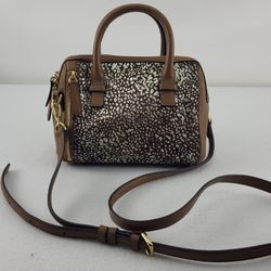 Vera Bradley Brown Feather Print Leather Purse Cowhair Small Crossbody Bag