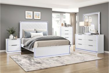 Brand new white multi-color LED queen bedframe + dresser + mirror + nightstand 4PCs set
