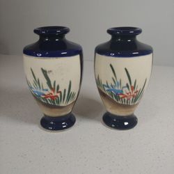 Vintage Pair Satsuma kinkozan style cobalt Mini vases mirrored geisha handpainted 
