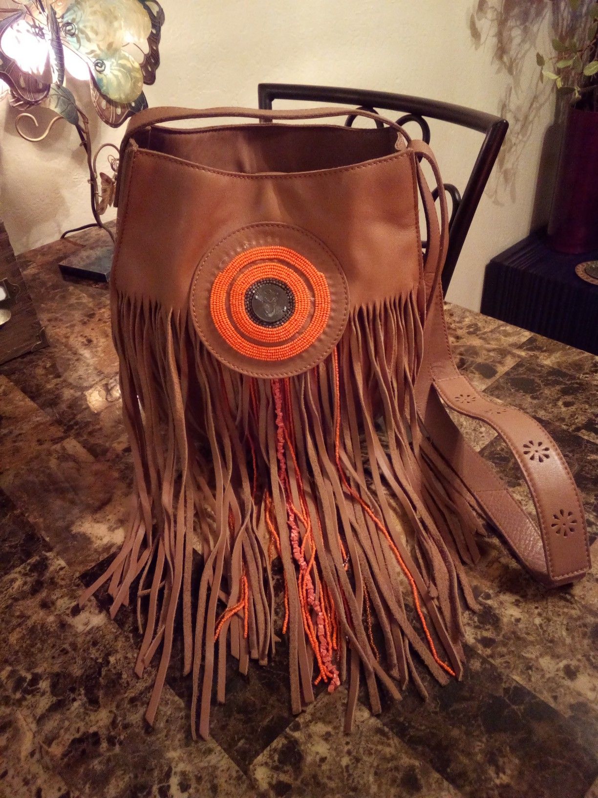 Anthropology brown soft textured genuine leather beaded Long Fringe boho medium Crossbody hobo shoulder bag purse