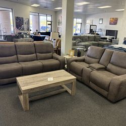 Power reclining sofa and loveseat