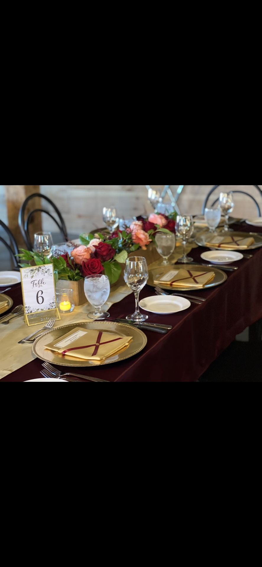 Burgundy and Gold Linen and Charger Set For 72 Ppl
