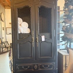 Farmhouse Style Armoire – Black Finish, Shelves + 4 Drawers