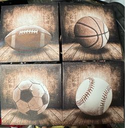 Rustic looking Sports Prints on square canvases (set of 5) LIKE NEW!