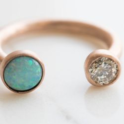 Open Shank Ring with Diamond + Opal