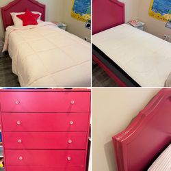 Blissful Sleep Twin Beds (2) + Mattresses (2) and Pink Dresser