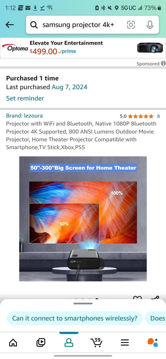 LEZOURA PROJECTOR WITH 4K VIEWING + AWOL RISING SCREEN 120" + PROJECTOR STAND.