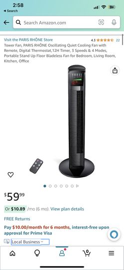 Tower Fan, PARIS RHÔNE Oscillating Quiet Cooling Fan with Remote, Digital Thermostat,12H Timer, 3 Speeds & 4 Modes, Portable Stand Up Floor Bladeless 