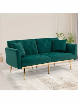 Green Velvet Tufted Sofa with Gold Legs