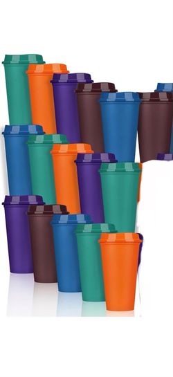 Domensi 16Pack Reusable Coffee Cups with Lids, 16 oz Disposable Travel Cups, Bulk Plastic To-Go Cups for Hot and Cold Drinks, Party Favors, Coworkers,