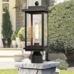 1-Light Matte Black Post Light with Clear Glass Shade 