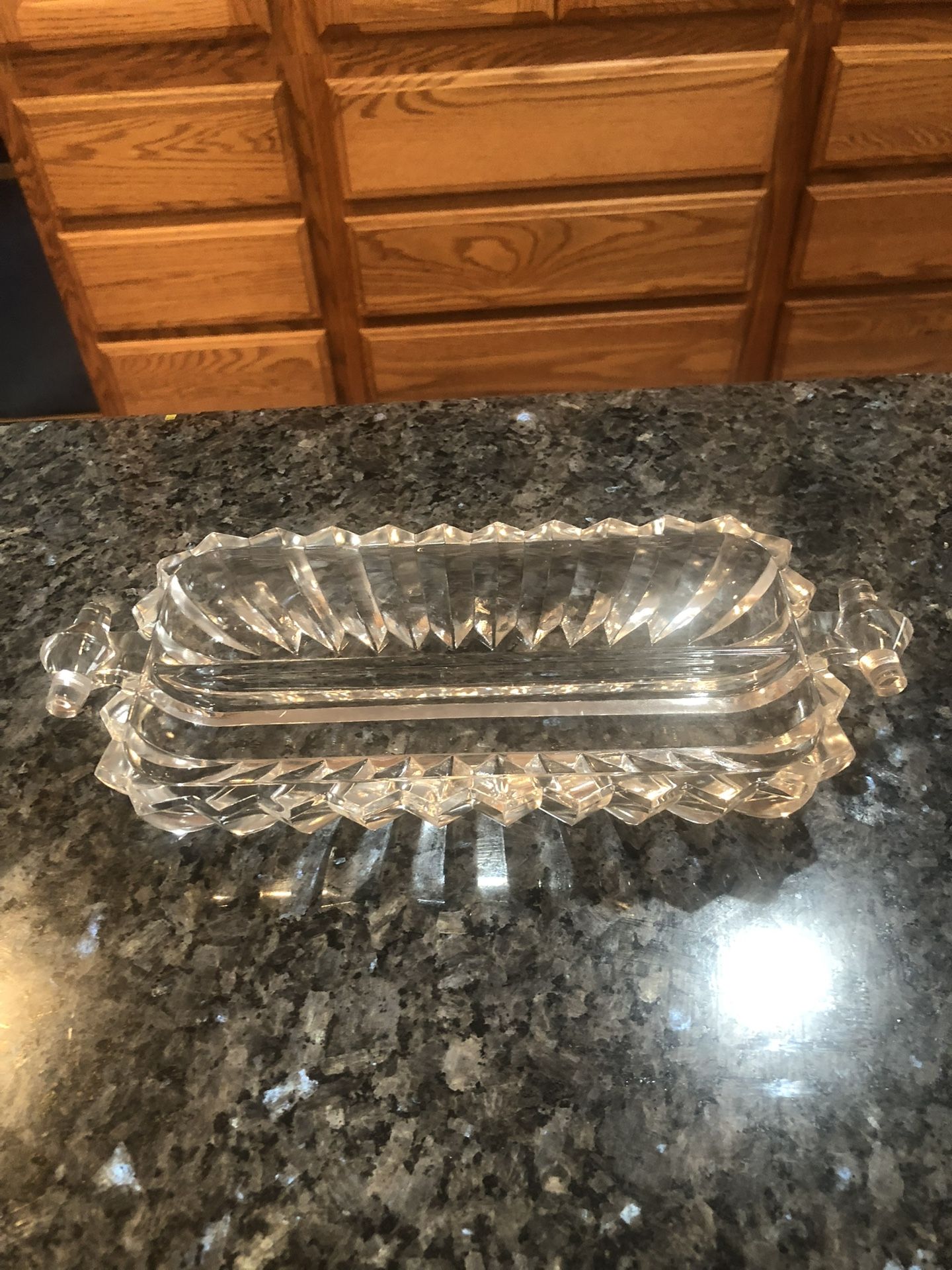 Vintage Antique Imperial Glass Rectangular Dish.  Raised center strip sawtooth scalloped design.  Size 10 inches wide by 4 1/2 inches long.