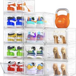 12 Pack Clear Shoe Storage Organizer with Magnetic Door,Stackable Plastic Shoe Boxes for Sneakers,Boots,and Heels,Space-Saving Foldable Shoe Rack for 