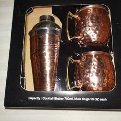 2 Copper Mule Mugs & Cocktail Shaker 