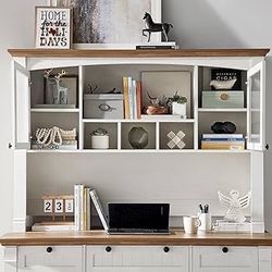 Farmhouse Hutch for 60" Executive Desk, Office Desk Storage Cabinet with Glass Doors and Shelves, Top Hutch Organizer for Home Office - Antique White