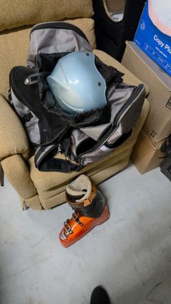 Ski boots, helmet, hat