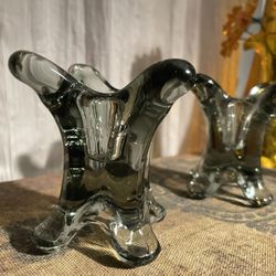 Beautiful Black Smoke Art Glass 🕯️ 🕯️ Holders Set of 2