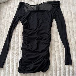Black long sleeve mesh dress with ruched detail