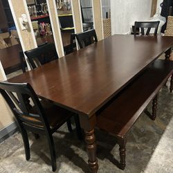 7 Foot Wood Dining Table W/bench And 4 Chairs