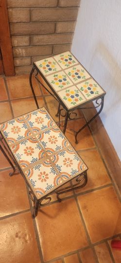 Pair of Wrought Iron Tile Top Side Tables