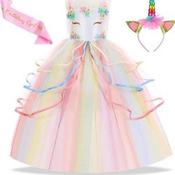 Brand NEW Unicorn Dress for Girls Unicorn Costume with Headband & Satin Sash for Birthday Party Size 6-7

