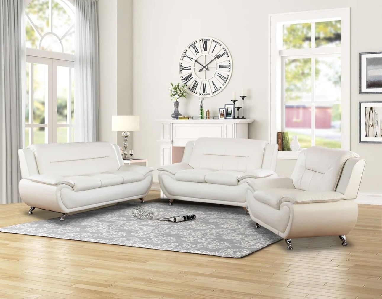 Modern Style White Leather Three Piece Couch Set