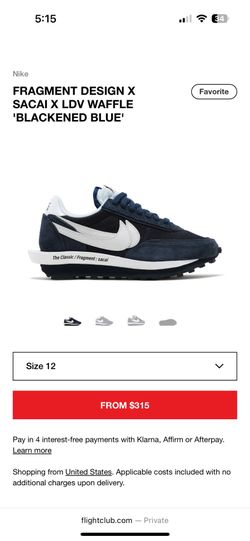 FRAGMENT DESIGN X SACAI X LDV WAFFLE 'BLACKENED BLUE' Size 12