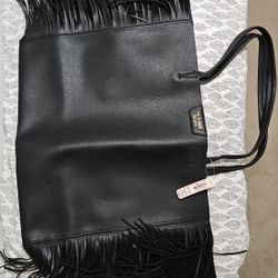 Brand New!!! Huge Victoria Secret Black Leather With Suede Fringe On Sides