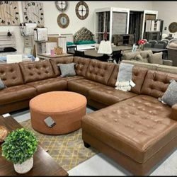 Ashley Baskove Auburn Colored Tone Real Leather U Shaped  Sectional Sofa With Chaise Living Room Home Garden
