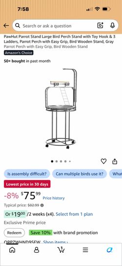 PawHut Parrot Stand Large Bird Perch Stand with Toy Hook & 3 Ladders, Parrot Perch with Easy Grip, Bird Wooden Stand, Gray Parrot Perch with Easy Grip