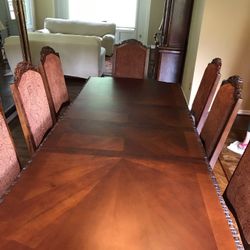 ++ Large Adjustable Solid Wood Dining Table w/ 8 Cushioned Chairs
