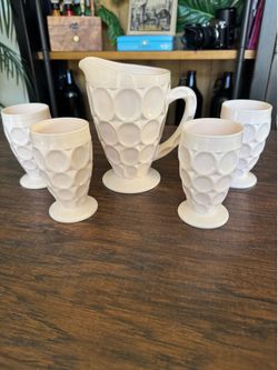 Vintage Jeannette Shell Pink Milk Glass thumbprint Pitcher & Juice Glass Set (5 Pieces)PERFECT!