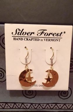 BRAND NEW SILVER FOREST SUN/MOON HANDCRAFTED DANGLE PIERCED GOLD EARRINGS 