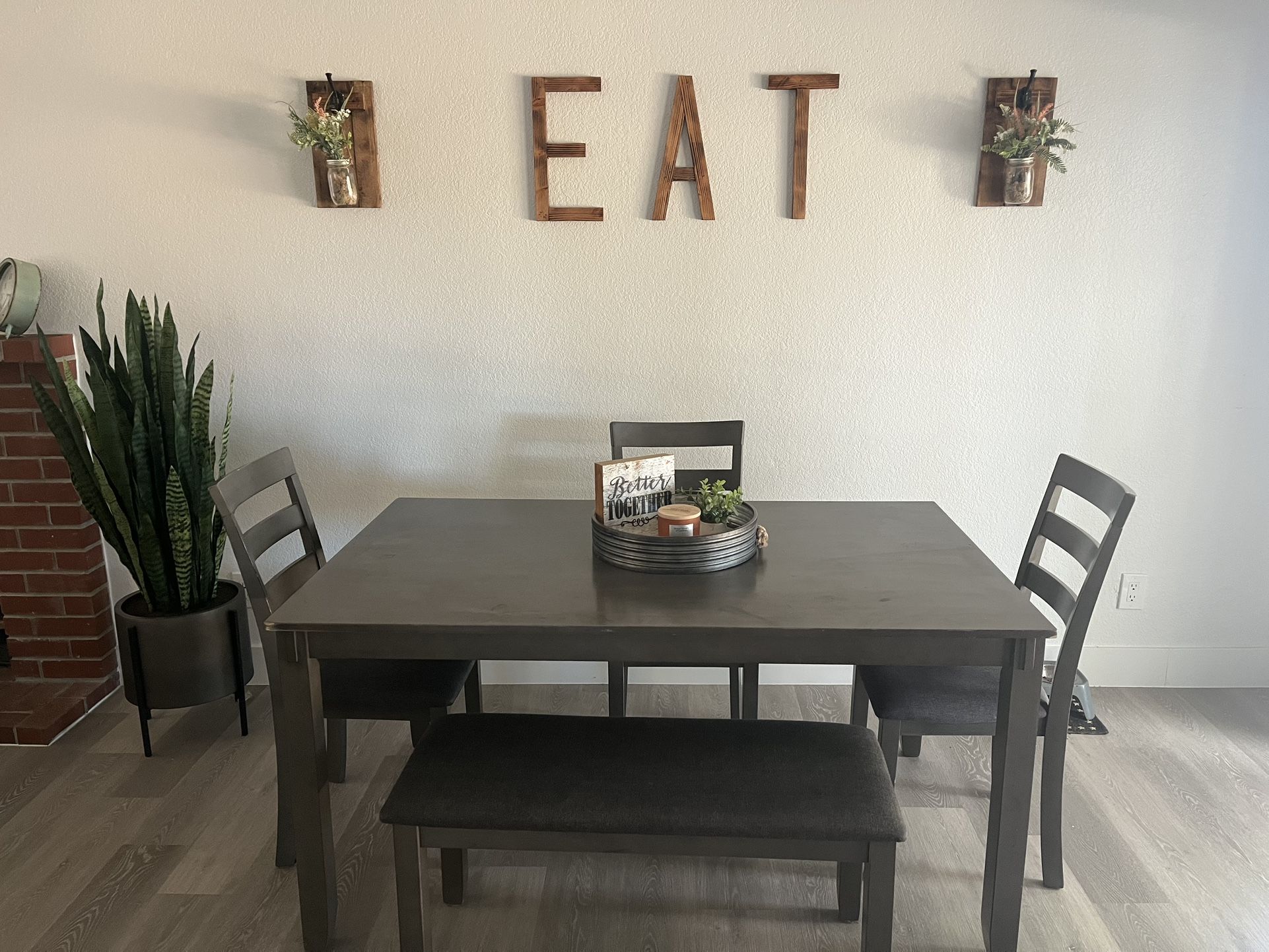 Grey Dining Table Three Chairs And A Bench