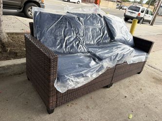 3-Seat Patio Couch, All-Weather Wicker Sofa Outdoor Patio Furniture for Deck Backyard, Dark Blue