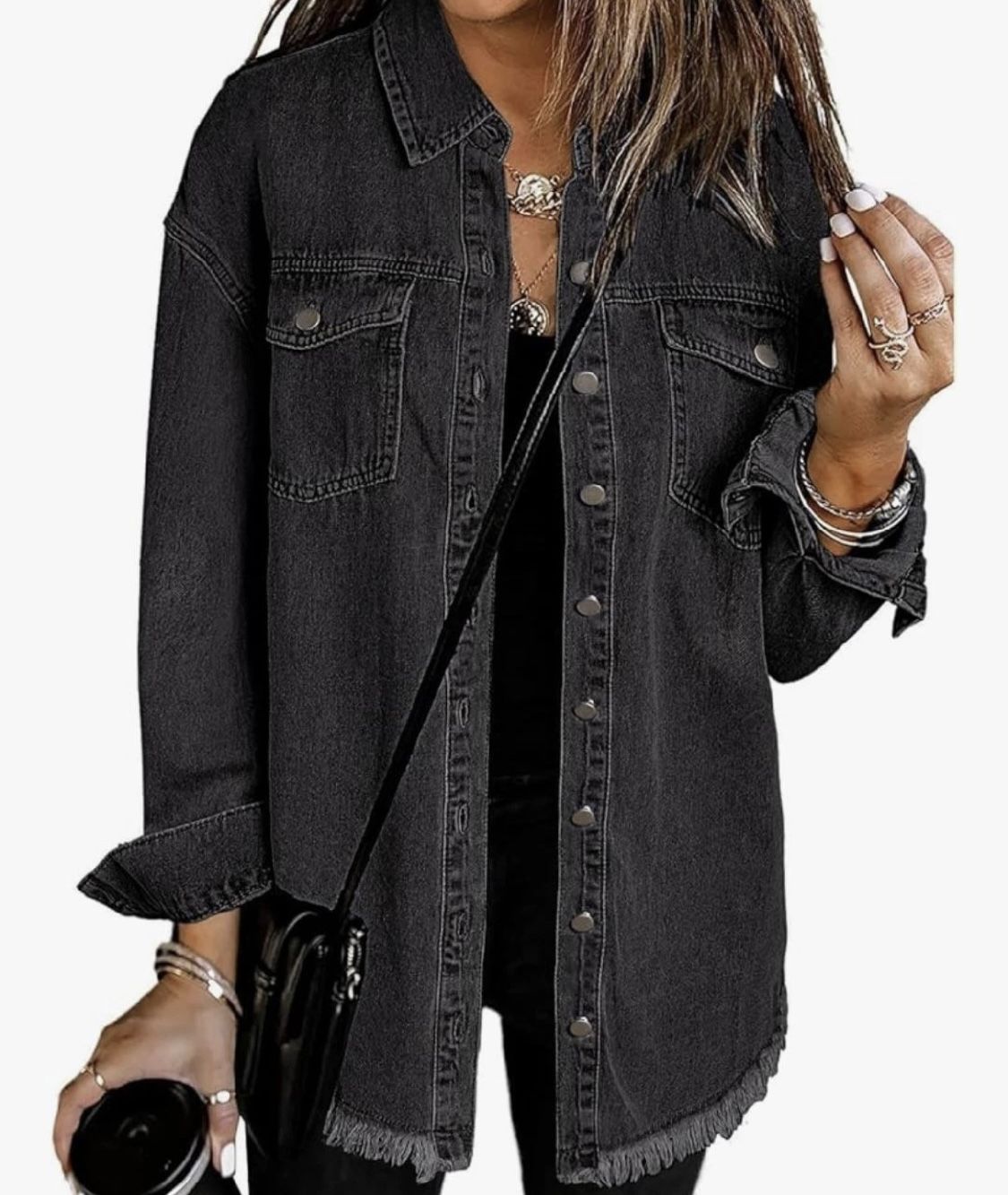 NEW Women's Oversized Jean Jacket Frayed Washed Button Up Size XS New, Open Package