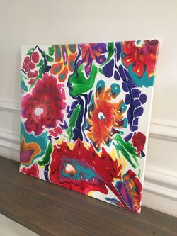 Red flowers acrylic controlled fluid painting original