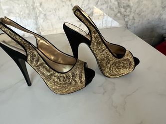 Gold Glitter Black Slingback Peep-Toe Heels
