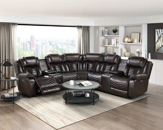 Brand new Stylish 3 Pc Brown Power reclining sectional w/LED light & Speakers