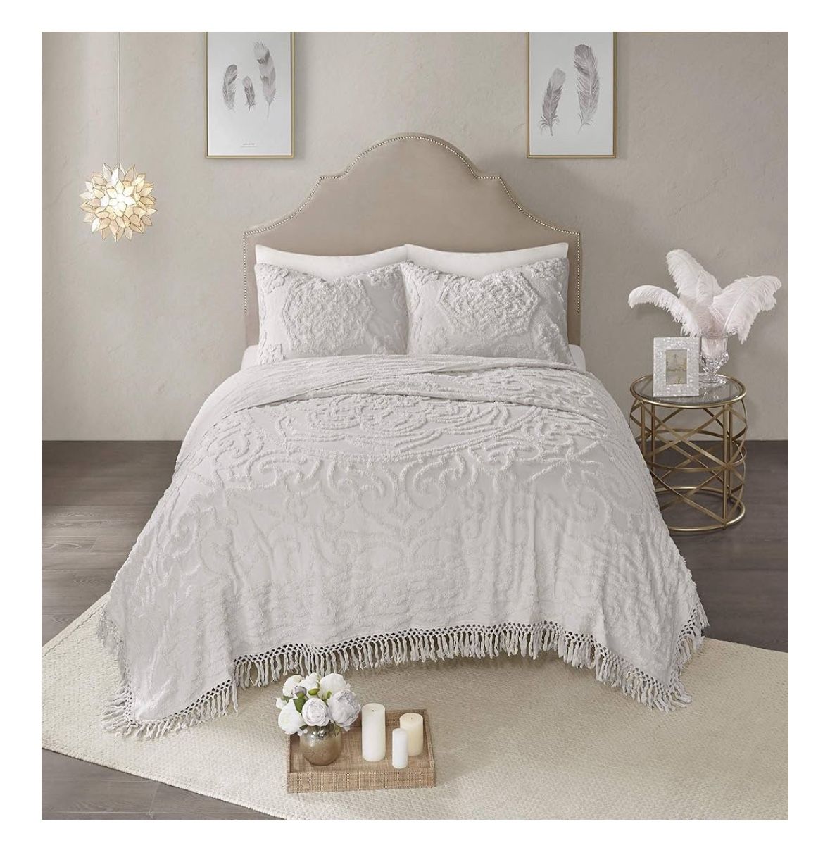 Boho Queen Lightweight Quilt Set, Breathable Chenille Tufted, Tassel Comforter Set