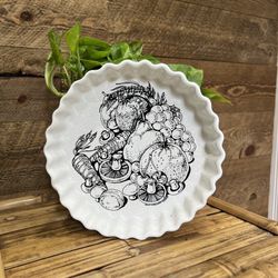 Vintage Sally Gregory Hesper Quiche Plate Dish Black White Mod Mushroom Vegetable Ceramic Art UK MCM