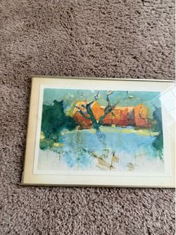 Original Framed Impressionist Landscape Painting Orange Barns Tree Reflection