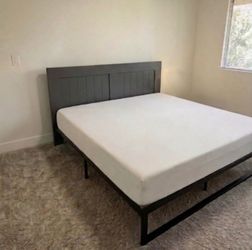 King Size metal Bed Frame with Grey wooden Headboard complete with mattress
