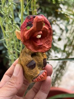 Vtg Norway Wooden Hand Carved One-Toothed Seated Troll Gnome Red Coat Green Eyes