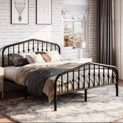 Queen bed Metal Platform Bed Frame with Victorian Style Wrought Iron-Art Headboard/Footboard, No Box Spring Required, Black