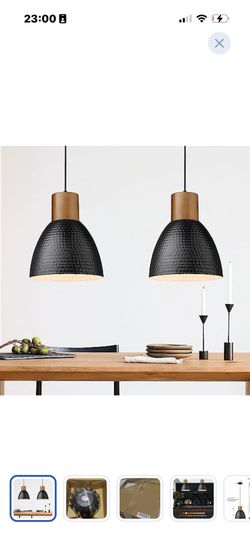 ELYONA 2 Pack Hammered Pendant Lights, 10.2” Industrial Metal Solid Wood Hanging Lamp, Modern Island Pendant Light Fixtures for Kitchen Bar, Farmhouse