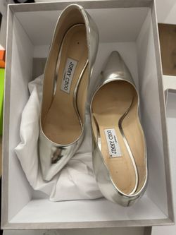 Jimmy Choo Romy 85 Silver Liquid Metal Leather Pumps