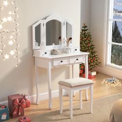 Vanity Set with Folding Mirror and 4 Drawers, Makeup Dressing Table with Cushioned Stool for Girls and Women, White