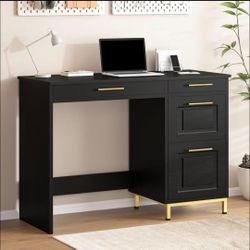 43 Inch Small Desk with Storage, Black
4 Storage Drawers, Golden Handle, Spacious Desktop, Home Office Desk for Bedroom, Study Room, Small Space